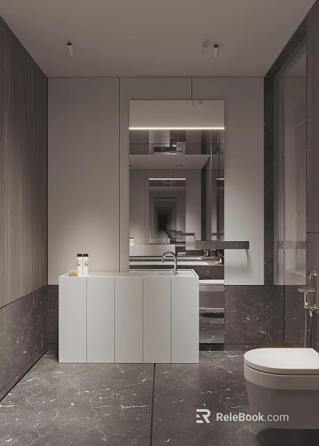Modern Bathroom Interior Design With Large Mirror White Cabinets And Marble Countertop 3d model 