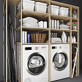 Laundry Room Storage Shelves With Washing Machines Towels Baskets Iron Foldable Chair And Cleaning Supplies