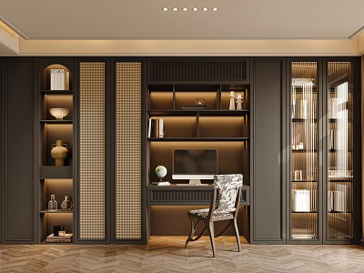 Luxurious Cloakroom Interior Featuring Dark Storage Cabinets Lattice Screens And Parquet Flooring 3d model