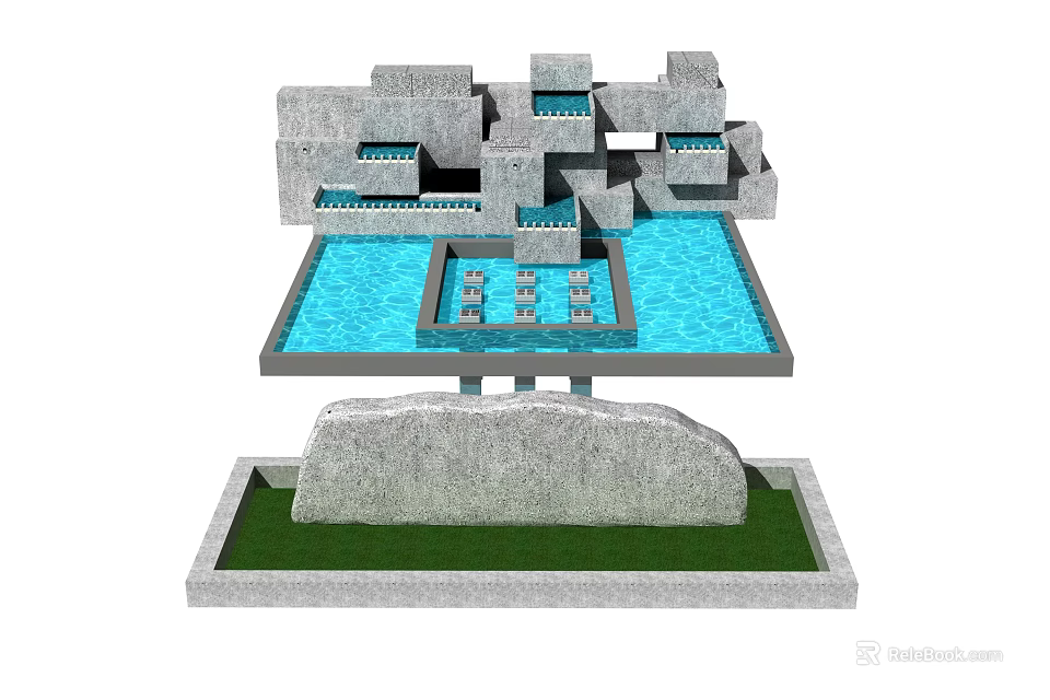 Modern Garden Landscape With Geometric Stone Structures Central Water Pool And Green Lawn 3d model 