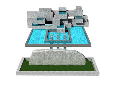 Modern Garden Landscape With Geometric Stone Structures Central Water Pool And Green Lawn 3d model
