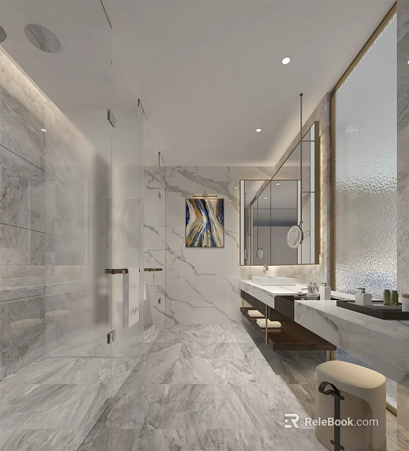 Luxurious Hotel Bathroom Interior Design With Marble Walls Shower Area Double Vanity And Large Mirror 3d model 