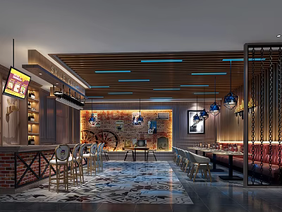 Modern Industrial Restaurant Interior With Wooden Ceiling Hanging Lights And Brick Wall Decor 3d model