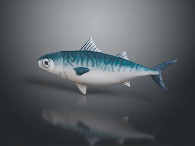 Blue And White Striped Fish 3D Rendered Aquatic Animal On Dark Background With Reflection 3d model