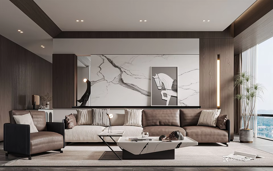 Modern Living Room Interior With Large Sofa Marble Coffee Table And Decorative Artwork 3d model