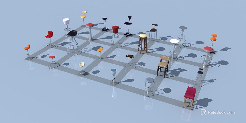 Various Colors And Different Styles Bar Stools Arranged On Grid Patterned Floor 3d model 