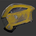 Worn Yellow Metal Weapon Helmet With Protective Design And Scratched Surface
