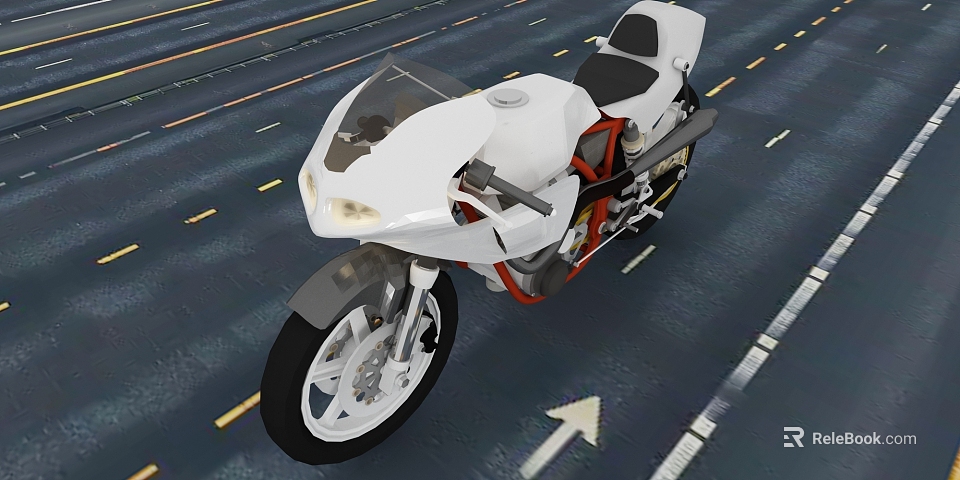 Sleek White Motorcycle With Red Accents Moving On Asphalt Road With Headlights 3d model 