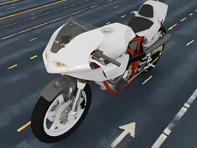 Sleek White Motorcycle With Red Accents Moving On Asphalt Road With Headlights 3d model