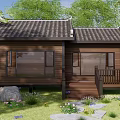 Traditional Wooden Villa With Black Tiled Roof Large Windows Balcony Staircase And Stone Path