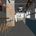 Modern Restaurant Interior With Orange Pendant Lights Neon Sign Blue Stools And Wooden Decor