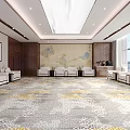 Elegant Modern Hotel Public Lounge Area With Landscape Painting Screen Comfortable Sofas And Patterned Carpet 3d model