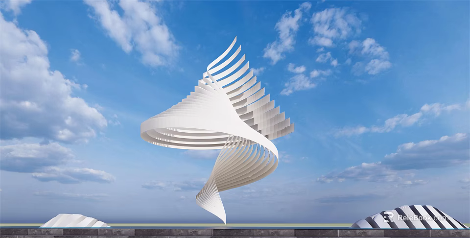 Modern Outdoor White Spiral Landscape Sculpture With Streamlined Curved Structure Against Blue Sky 3d model 