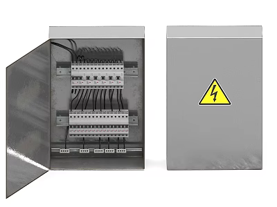 Industrial Control Panel with Open Door Internal Wiring Circuit Breakers Closed Cabinet Yellow Warning Sign 3d model