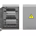 Industrial Control Panel with Open Door Internal Wiring Circuit Breakers Closed Cabinet Yellow Warning Sign