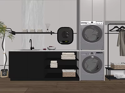 Modern Laundry Room With Stacked Washer Dryer Clothes Rack And Storage Baskets 3d model