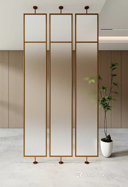 Modern Striped Screen In Interior With Wooden Wall And Plant 3d model 