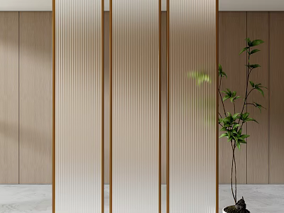 Modern Striped Screen In Interior With Wooden Wall And Plant 3d model