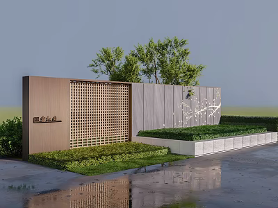 Modern Garden Wall with Grid Design Wooden Panel and Bird Patterns Surrounded by Green Plants 3d model