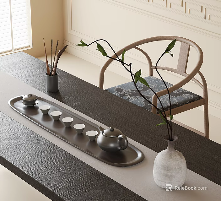 Modern Coffee Table With Tray Teapot Teacups Vase Green Branches And Wooden Chair 3d model 
