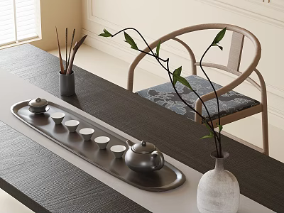Modern Coffee Table With Tray Teapot Teacups Vase Green Branches And Wooden Chair 3d model