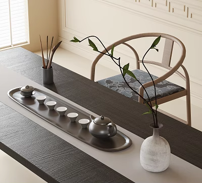 Modern Coffee Table With Tray Teapot Teacups Vase Green Branches And Wooden Chair 3d model