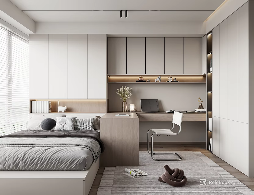 Modern Tatami Bedroom Interior Design With Bed Desk Chair And Storage Cabinets 3d model 