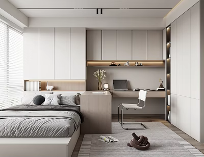 Modern Tatami Bedroom Interior Design With Bed Desk Chair And Storage Cabinets 3d model
