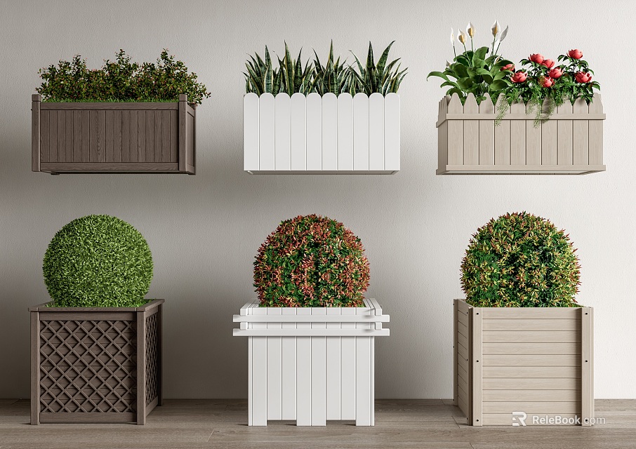 Wall Mounted Floor Standing Flower Planters in Brown White Beige with Green Plants Flowers 3d model 