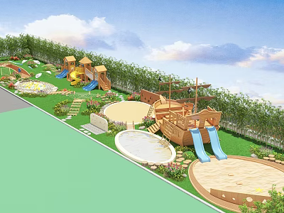 Outdoor Children's Play Area With Wooden Pirate Ship Slides Circular Sandpit And Green Lawn 3d model