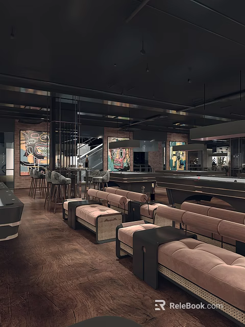 Modern Stylish Pool Room Interior With Pool Tables Comfortable Seating And Decorative Lighting 3d model