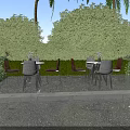 Scenic Outdoor Landscape Seating With Green Trees Tables And Garden Paved Ground