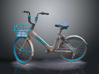 Old Blue And Gray Bicycle With Front Basket Black Handlebar And Blue Tires 3d model