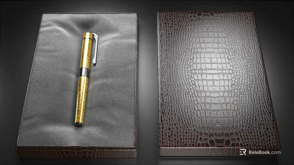 Luxury Gold Pen Placed in Leather Box with Crocodile Pattern Texture Accessory 3d model