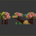 Colorful Trees with Multicolored Flowers Brown Trunks Green Grass and Stone