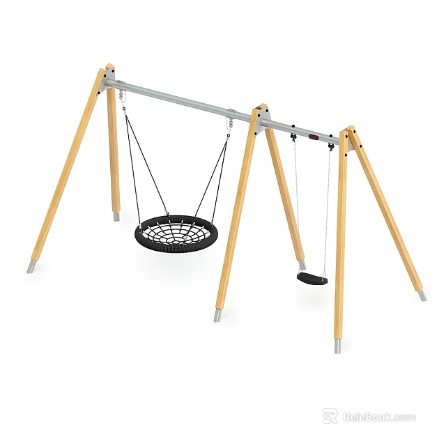 Outdoor Garden Ornament With Wooden Frame Circular Net Swing And Flat Seat Swing 3d model 