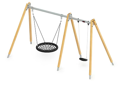Outdoor Garden Ornament With Wooden Frame Circular Net Swing And Flat Seat Swing 3d model