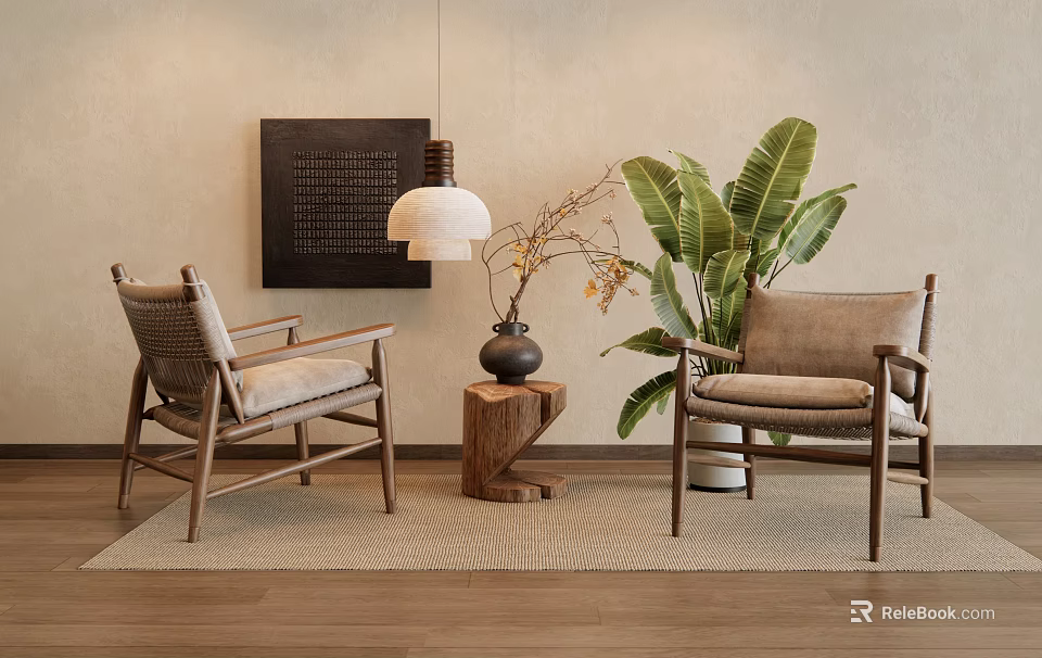 Stylish Leisure Chairs with Wooden Frame Woven Seat and Side Table by Large Green Plant 3d model 
