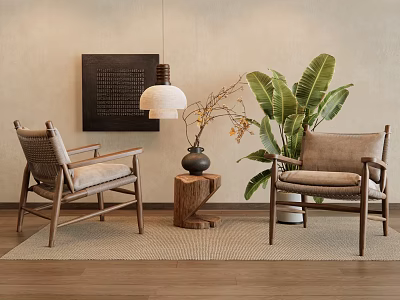 Stylish Leisure Chairs with Wooden Frame Woven Seat and Side Table by Large Green Plant 3d model
