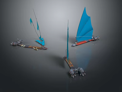 Colorful Sailboat Models With Blue Red Sails And Different Designs On Reflective Water Surface 3d model