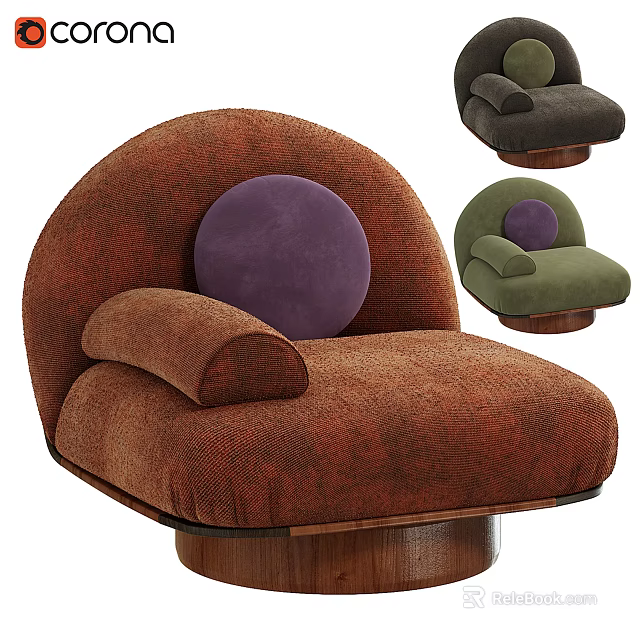 Brown Velvet Armchair With Purple Accent Modern Curved Design Wooden Round Base 3d model 