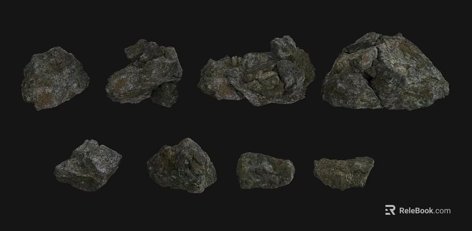 Various Natural Stones And Wood Samples With Unique Textures And Shapes Displayed 3d model 