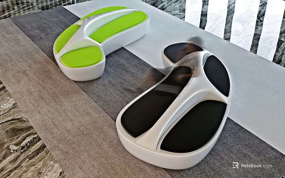 Modern Public Chair With White Green And Black Curved Stylish Seats Design 3d model 