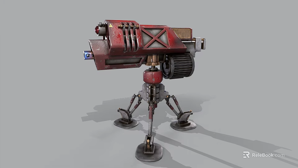 Red Mechanical Turret Weapon With X Shaped Body And Multi Legged Base Gear Mechanism 3d model 