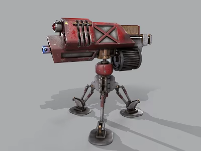 Red Mechanical Turret Weapon With X Shaped Body And Multi Legged Base Gear Mechanism 3d model