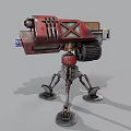 Red Mechanical Turret Weapon With X Shaped Body And Multi Legged Base Gear Mechanism