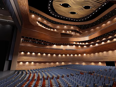 Modern Theater Auditorium Interior With Wooden Tiers Blue Seats And Ceiling Lighting 3d model
