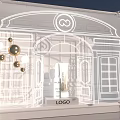 Contemporary Art Installation With Line Drawn Door Window Elements Hanging Spherical Lamps And Reflective Floor