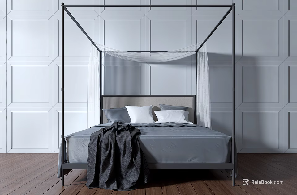 Modern Background Double Bed With White Canopy Gray Bedspread Dark Blanket And Wooden Floor 3d model 
