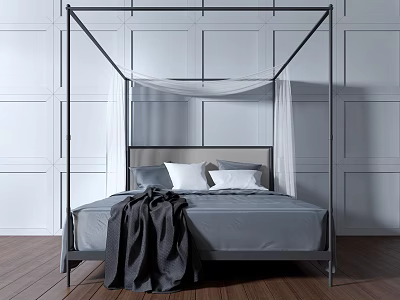 Modern Background Double Bed With White Canopy Gray Bedspread Dark Blanket And Wooden Floor 3d model